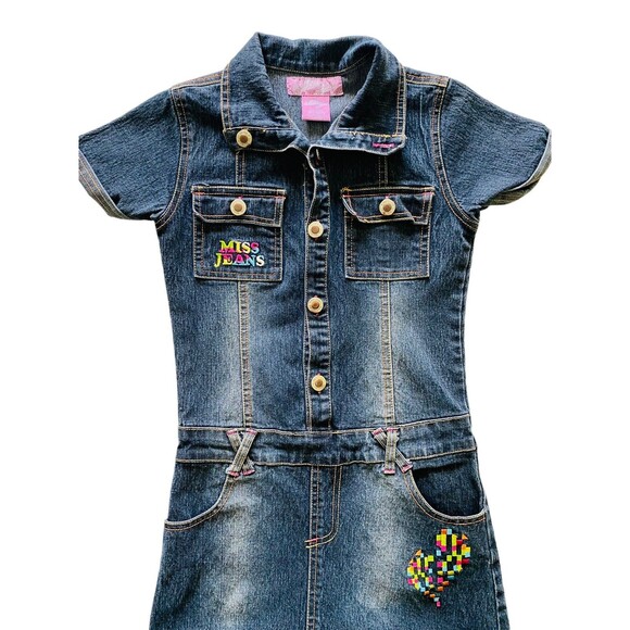 Miss Jeans Girls Embroidered Blue Denim Dress Silver Buttons Colorful Pockets 6X - Picture 9 of 10